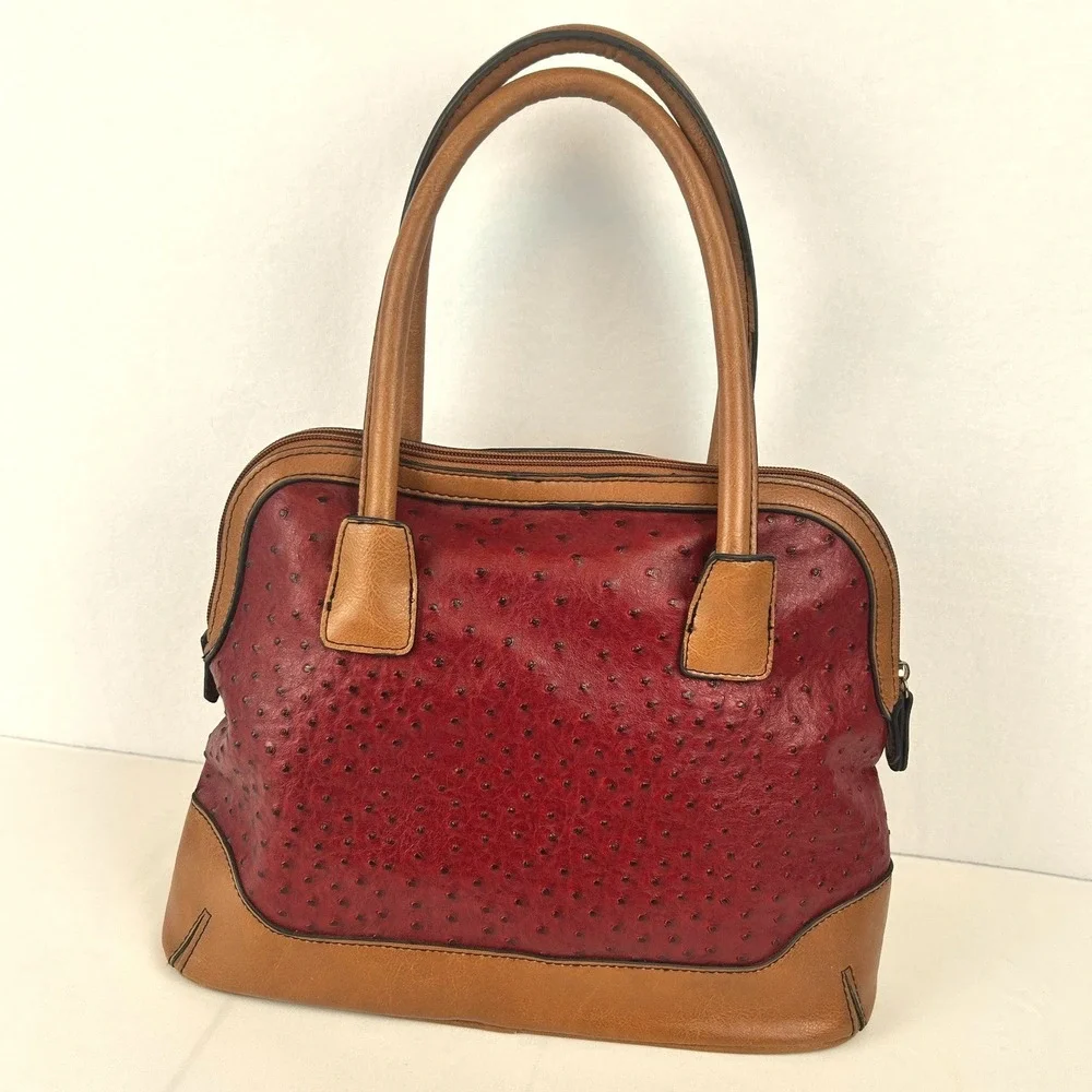 London Fog Red Ostrich Embossed Satchel Handbag Tan‎ Trim Gold Hardware